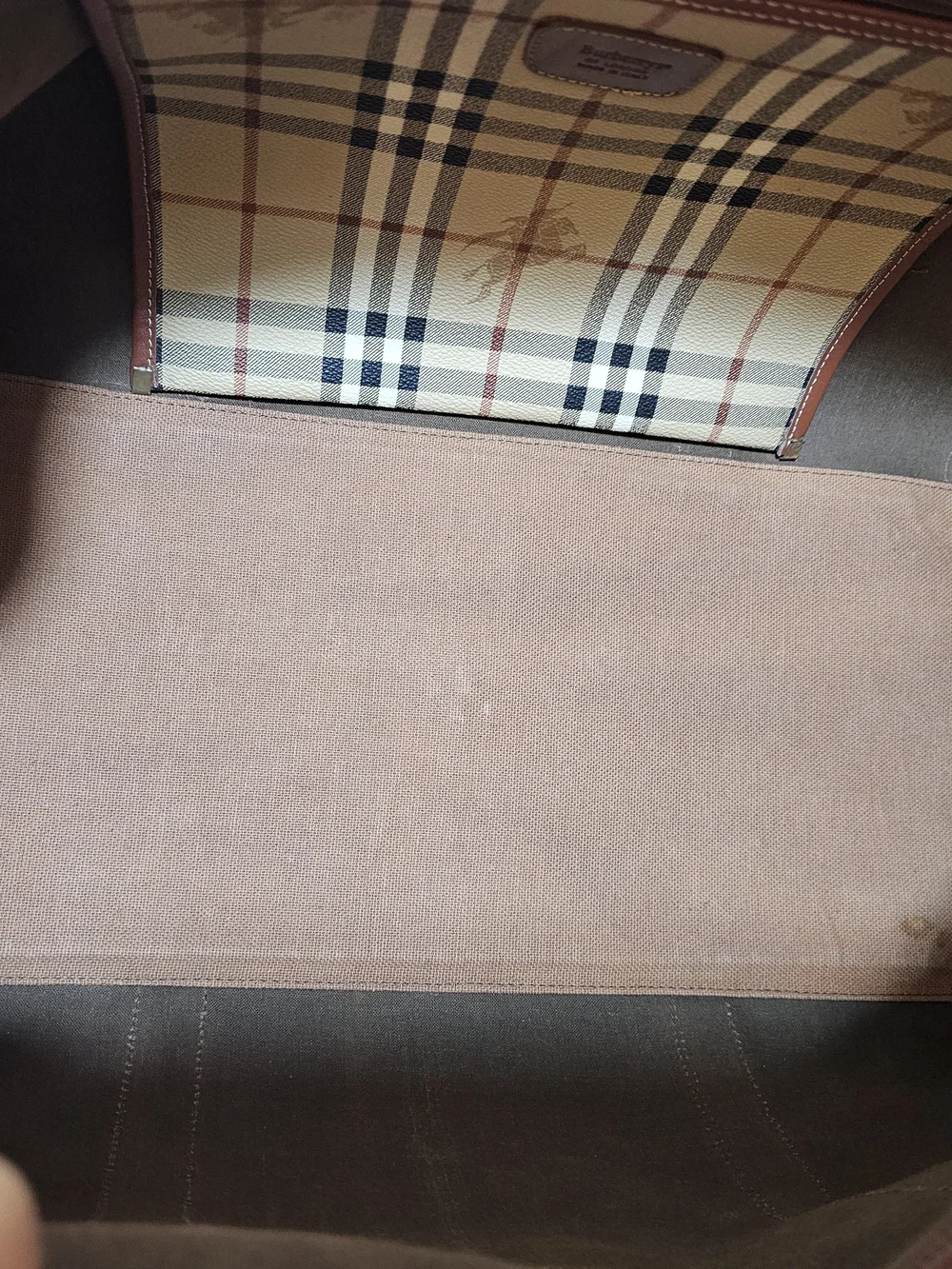 #548-Burberry Tan Beige Check Canvas Duffel with Brown Leather Trim size 45